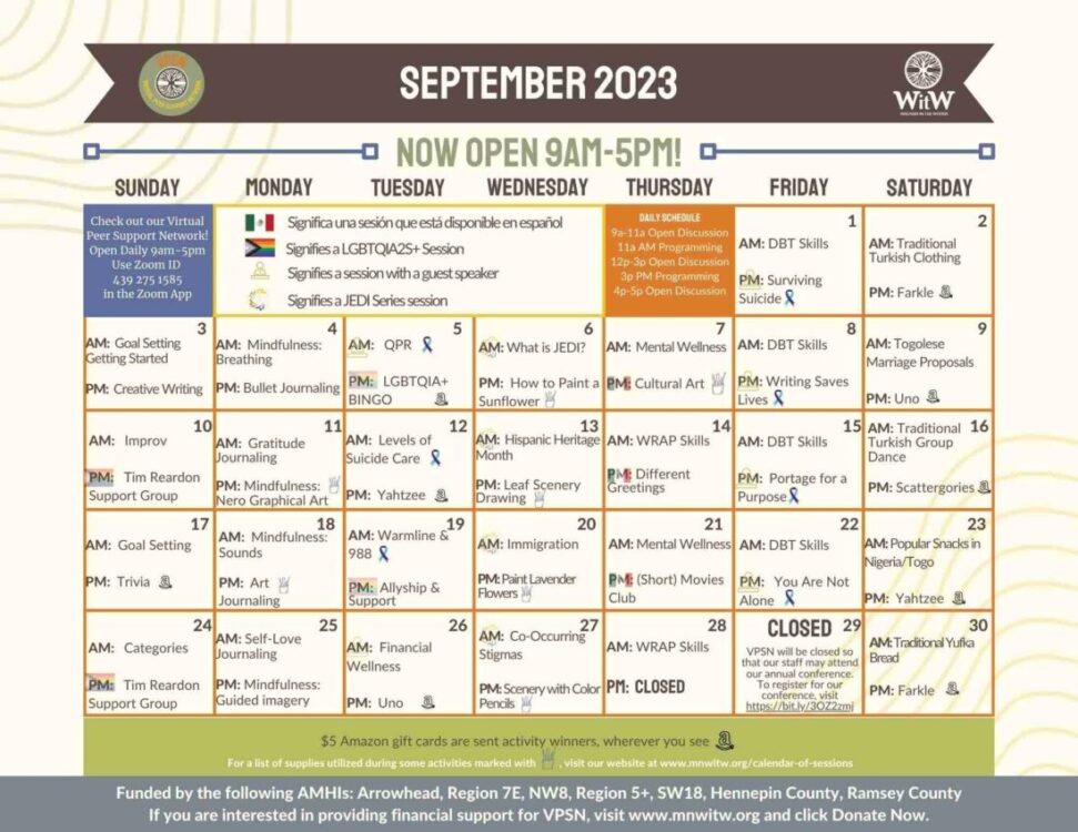 September 2023 Virtual Peer Support Network Calendar